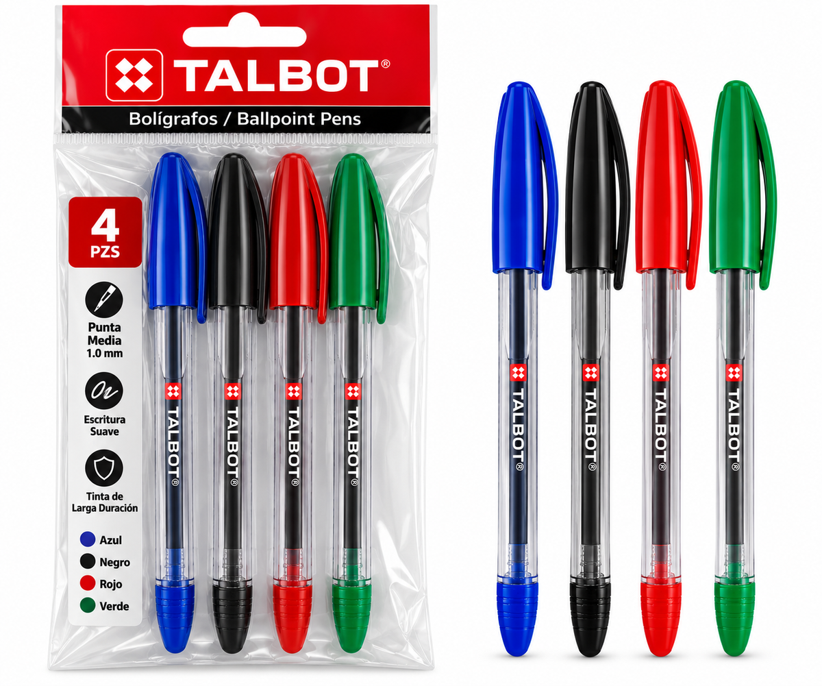 Bolígrafos Talbot Colores Surtidos 1.0 mm – Paquete de 4